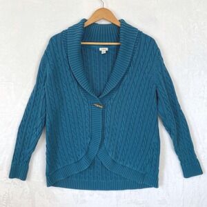 LL Bean Teal Cable Knit Shawl Collar Toggle Cardigan Sweater Women's XL Button